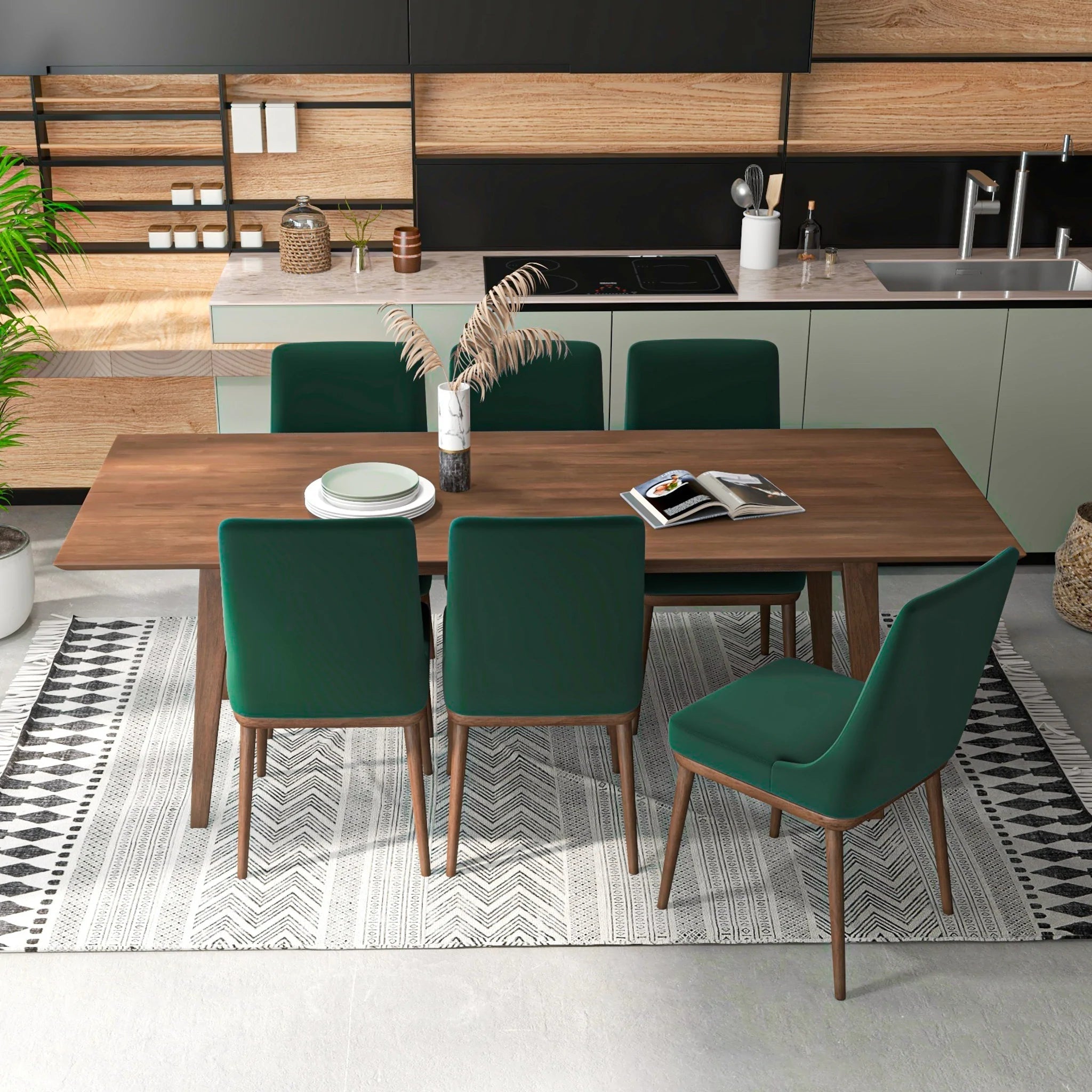 Green kitchen interior with furniture. Stylish cuisine with