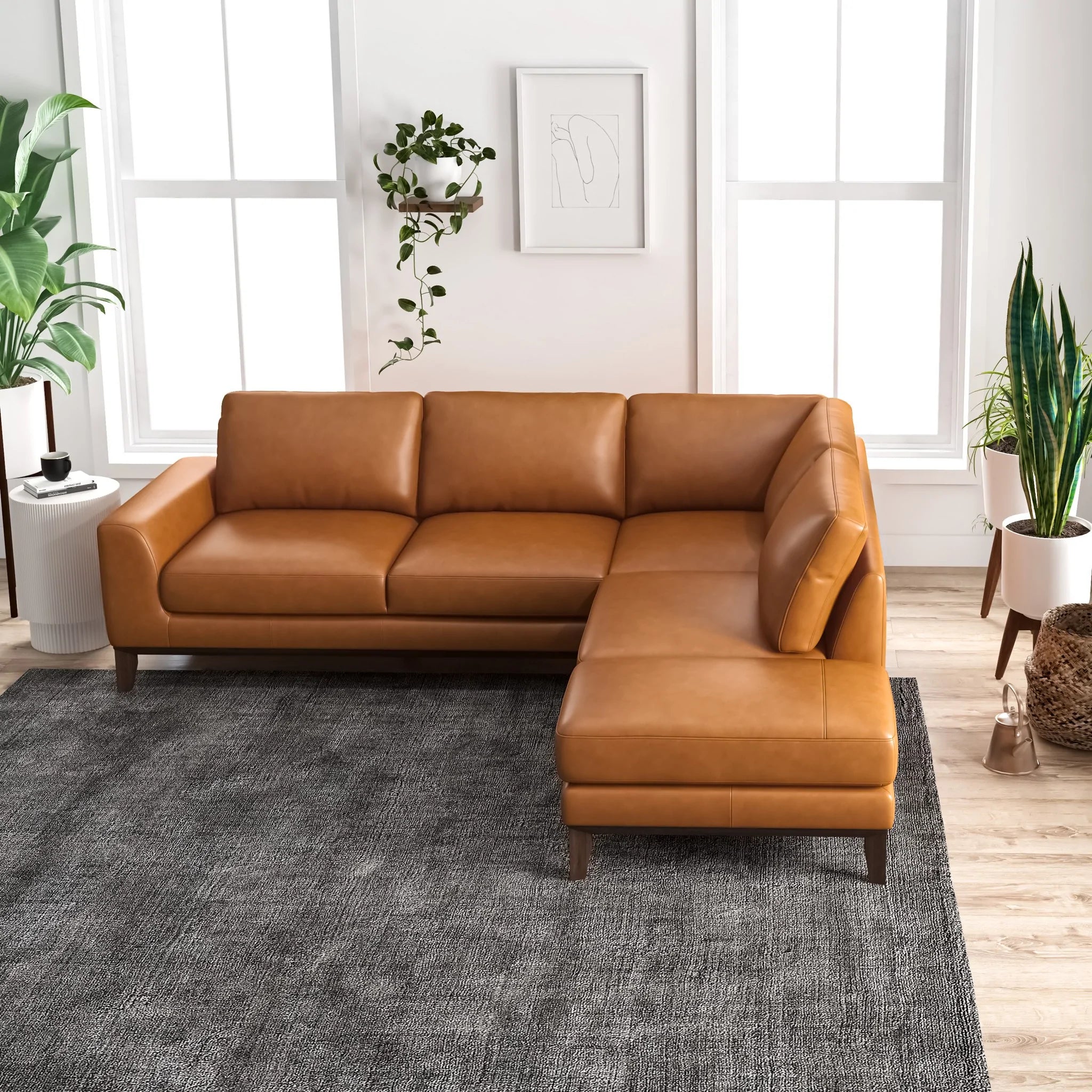 Seminar transfusion Ejeren May 2-Piece Full Grain Leather Mid Century Modern Sectional Sofa in Tan3 |  ASY Furniture | Houston TX to US