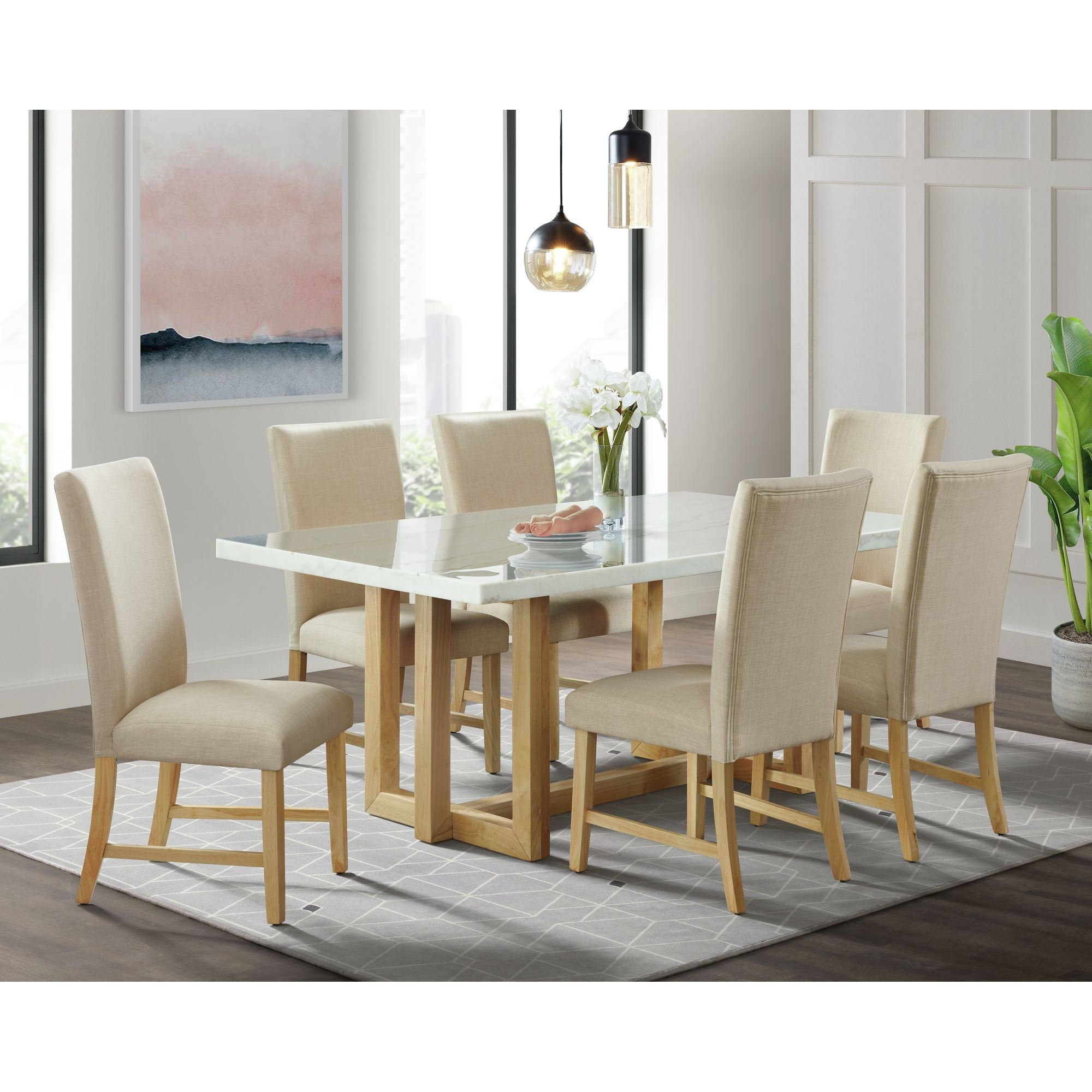Morris White Marble Top Rectangle Dining Table Set ASY Furniture