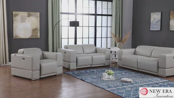 Video showcasing a gray leather sectional sofa with reclining features, cup holders, and modern design, ideal for a stylish living room.