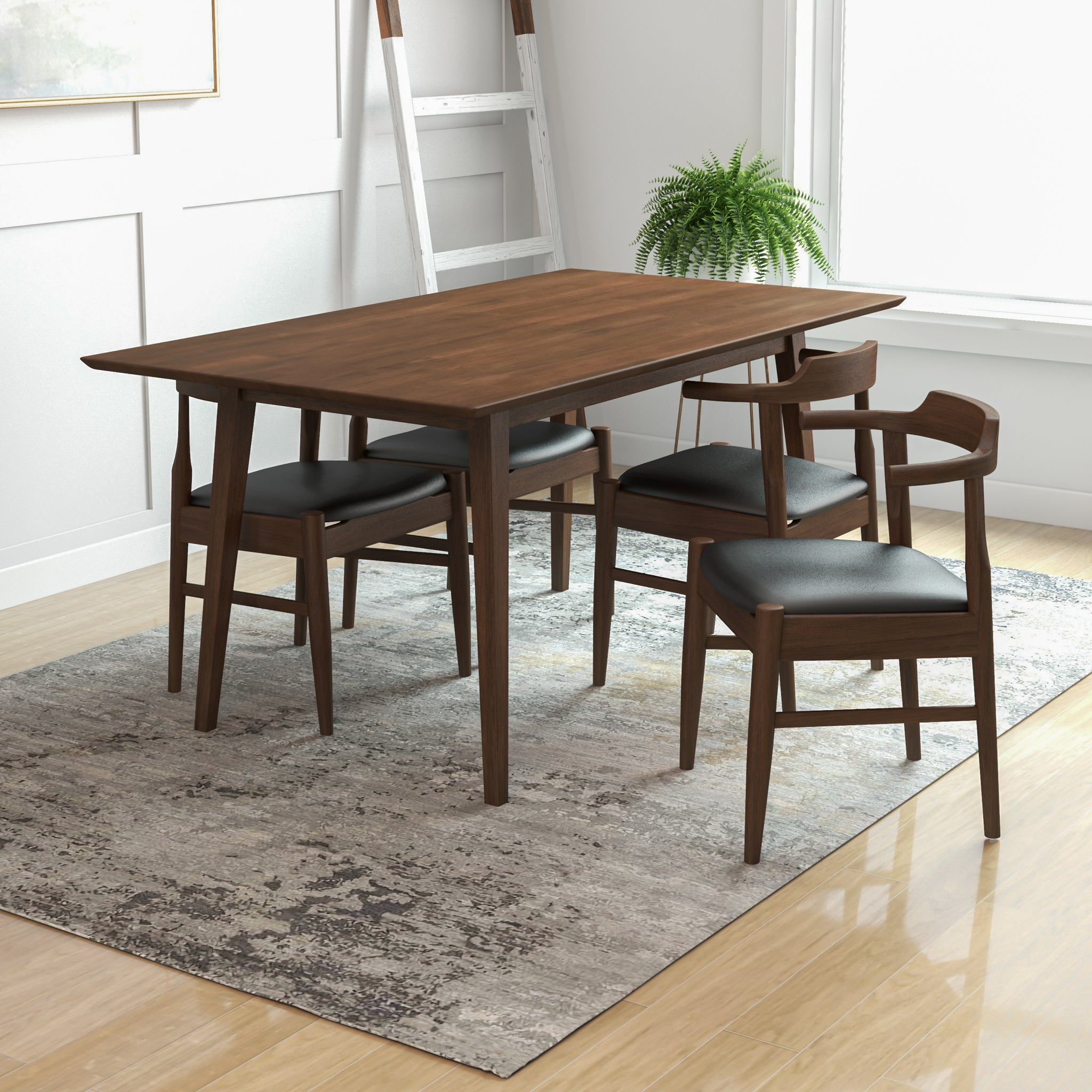 Adira (Large Walnut) Dining Set with 4 Zola (Black Leather) Dining