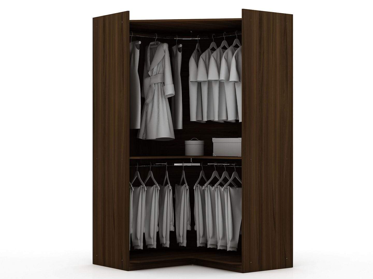 Mulberry 2.0 Modern Corner Wardrobe Closet with 2 Hanging Rods in Brown ...